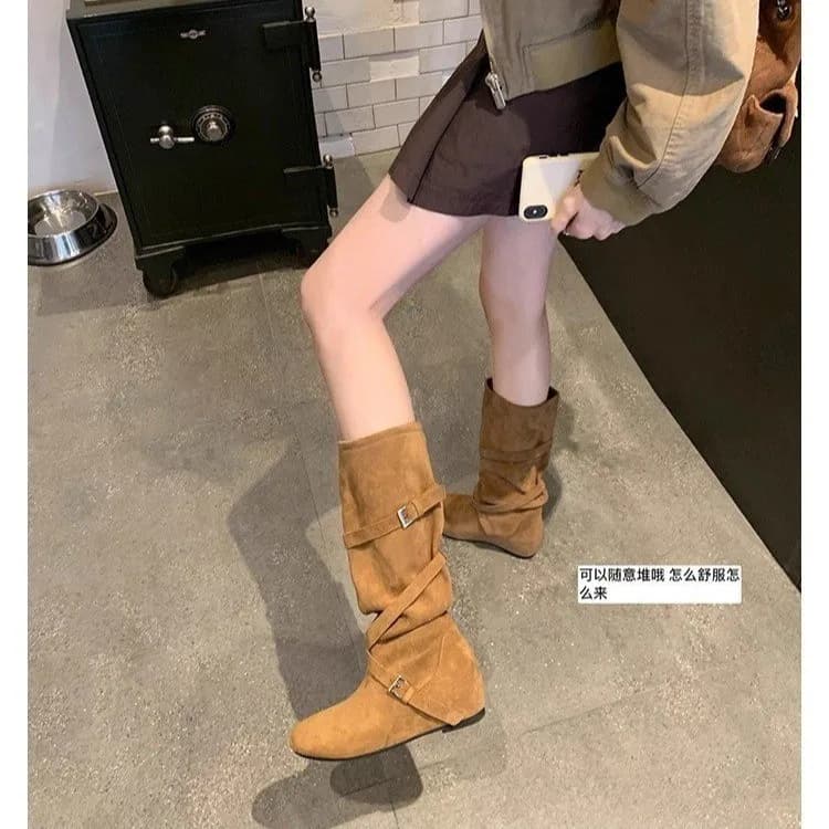 Women's Knight Boots 2026 New British Style Fashion Leather Boots Suede Straps With Fur