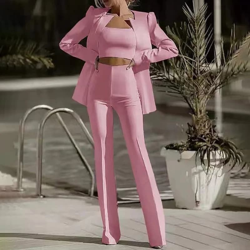 European and American autumn dress with twist, top tube, short blouse, straight high waist pants, three-piece set