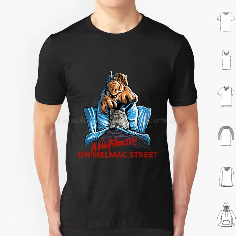 Nightmare On Melmac Street T Shirt 6xl Cotone Cool Tee Alf Anni '80 Gatto Halloween Horror Gattino Kitty Melmac Cultura pop Retro Spaventoso