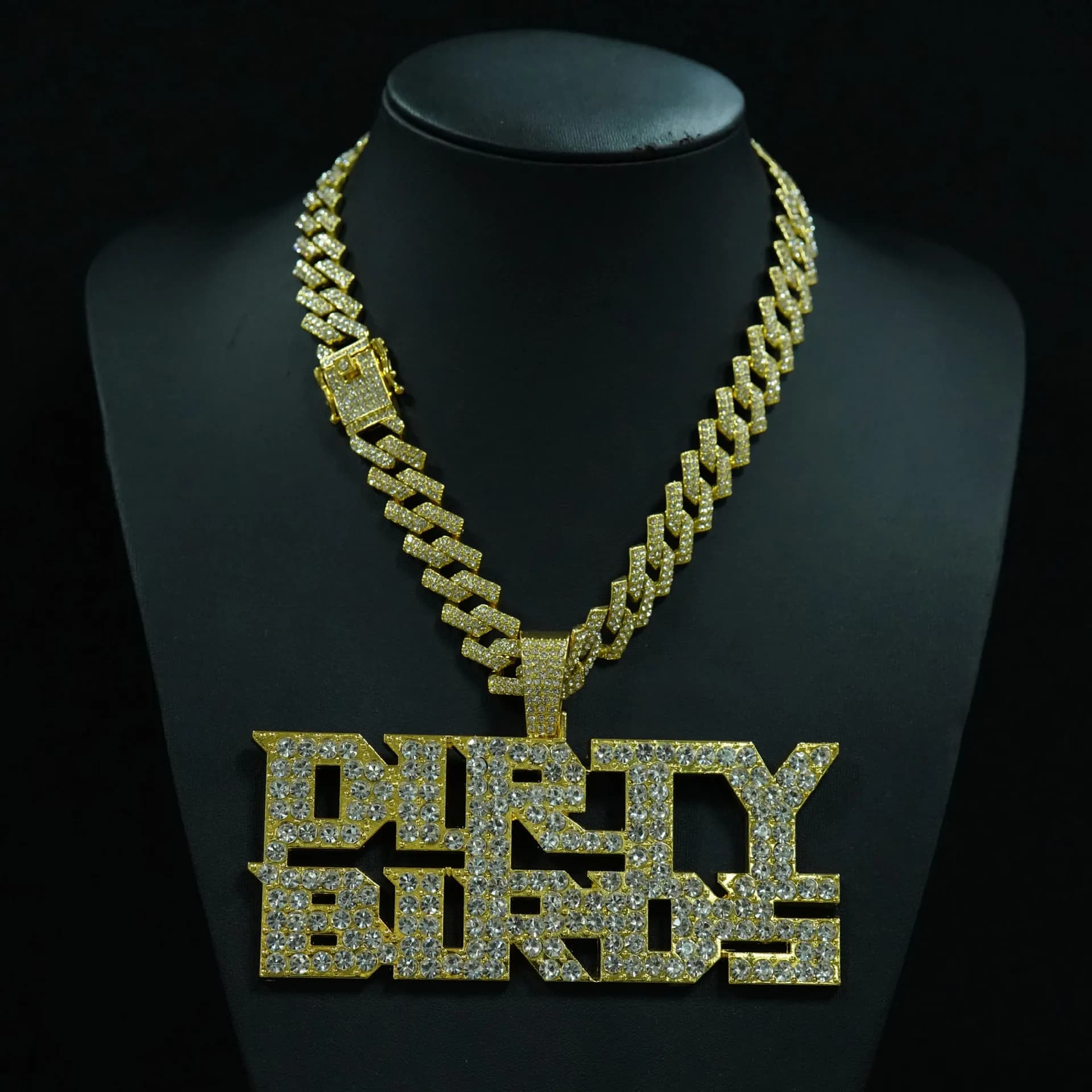 Full Diamond Letter DIRTY BIRDS Alloy Pendant Men's Baseball Team Necklace and 15mm Cuban Chain