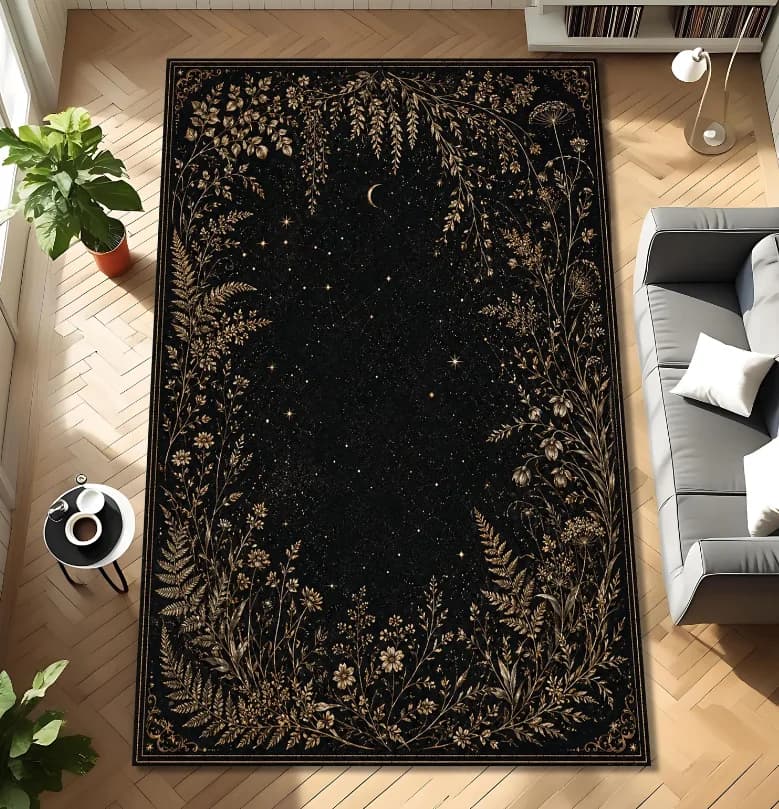 Black Celestial Botanical Rug Gold Floral Night Sky Area Carpet Gothic Starry Living Room Rug Witchy Moon Garden Floor Decor Art