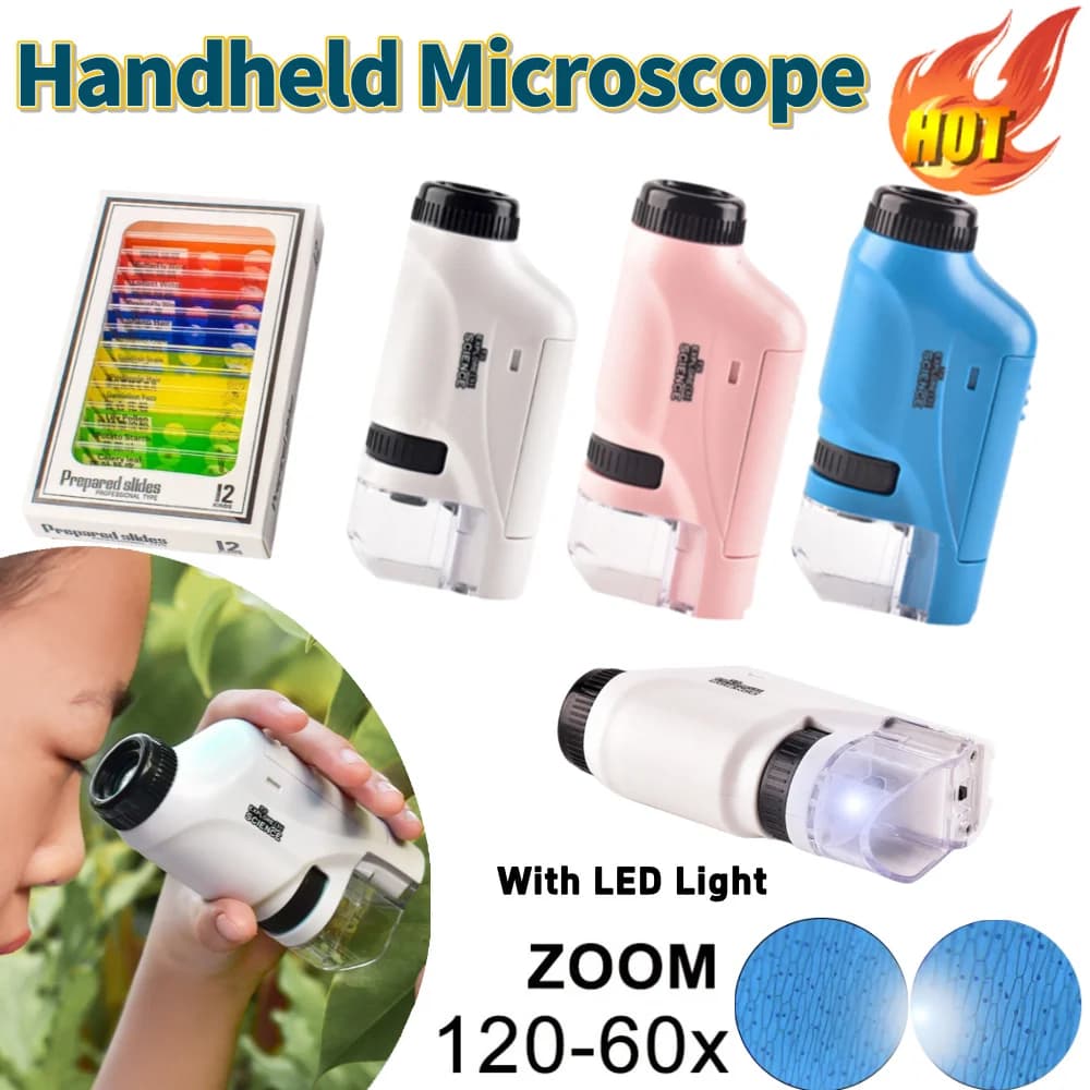 Kit giocattolo per microscopio tascabile per esperimenti scientifici per bambini 60-120x Mini microscopio portatile educativo con luce per bambini