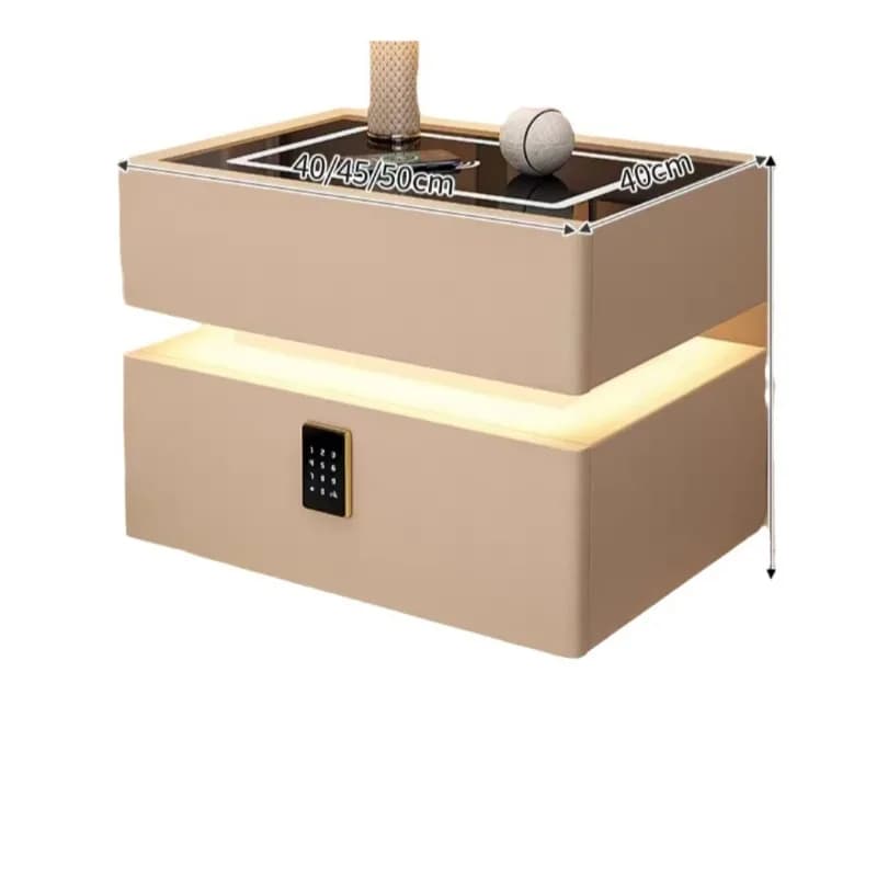 Comodino intelligente con sospensione, moderno e semplice, in legno massello, stile lusso leggero color crema, con serratura e ricarica wireless.