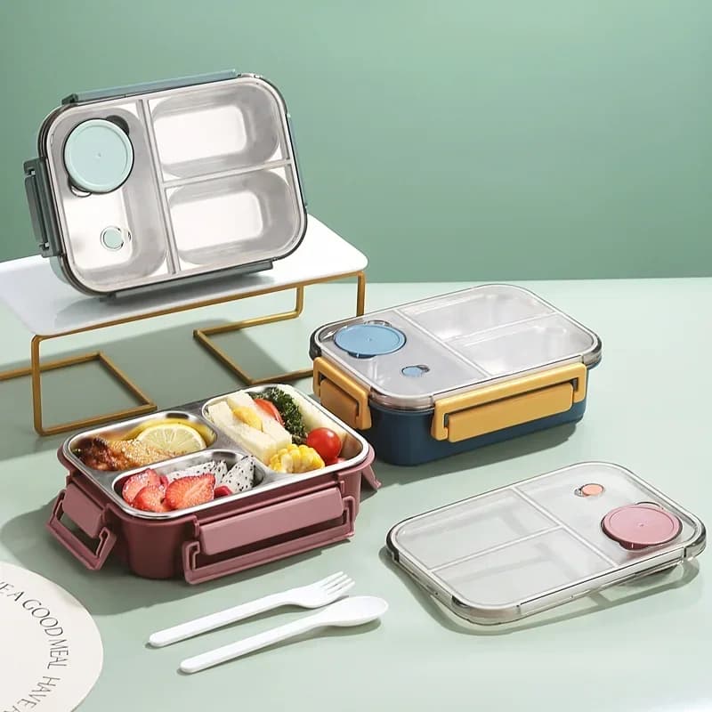 Contenitore per Pranzo Ermetico in Acciaio Inox 304, Bento Box con Posate per Adulti e Bambini, Contenitori Portatili per Alimenti con Scomparti