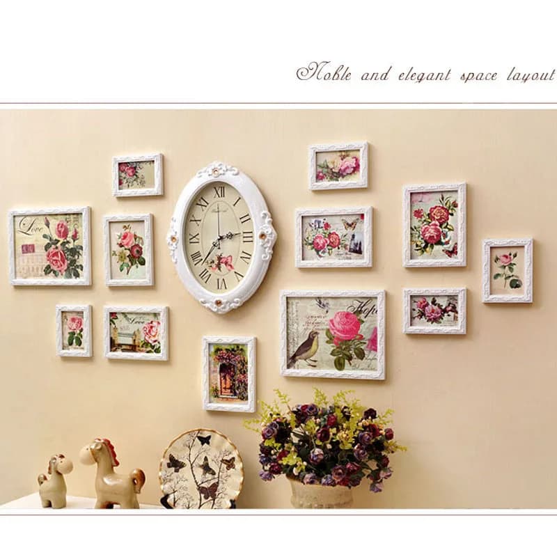 Living Room Wall Decoration Picture Frame With Paint European Style White Clock Photo Frame Clock Combination Wall Painting
