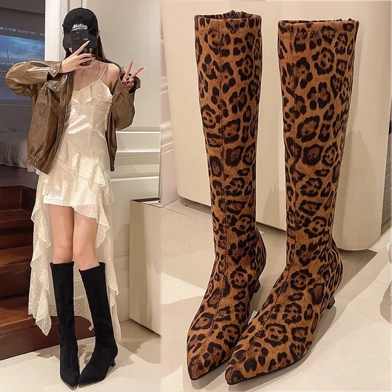 Women's high knee boots with pointed toe Shoes with leopardized leather heel 2025 Women's sexy winter boots Brand elegant women shoes Décolleté Botas Mujer