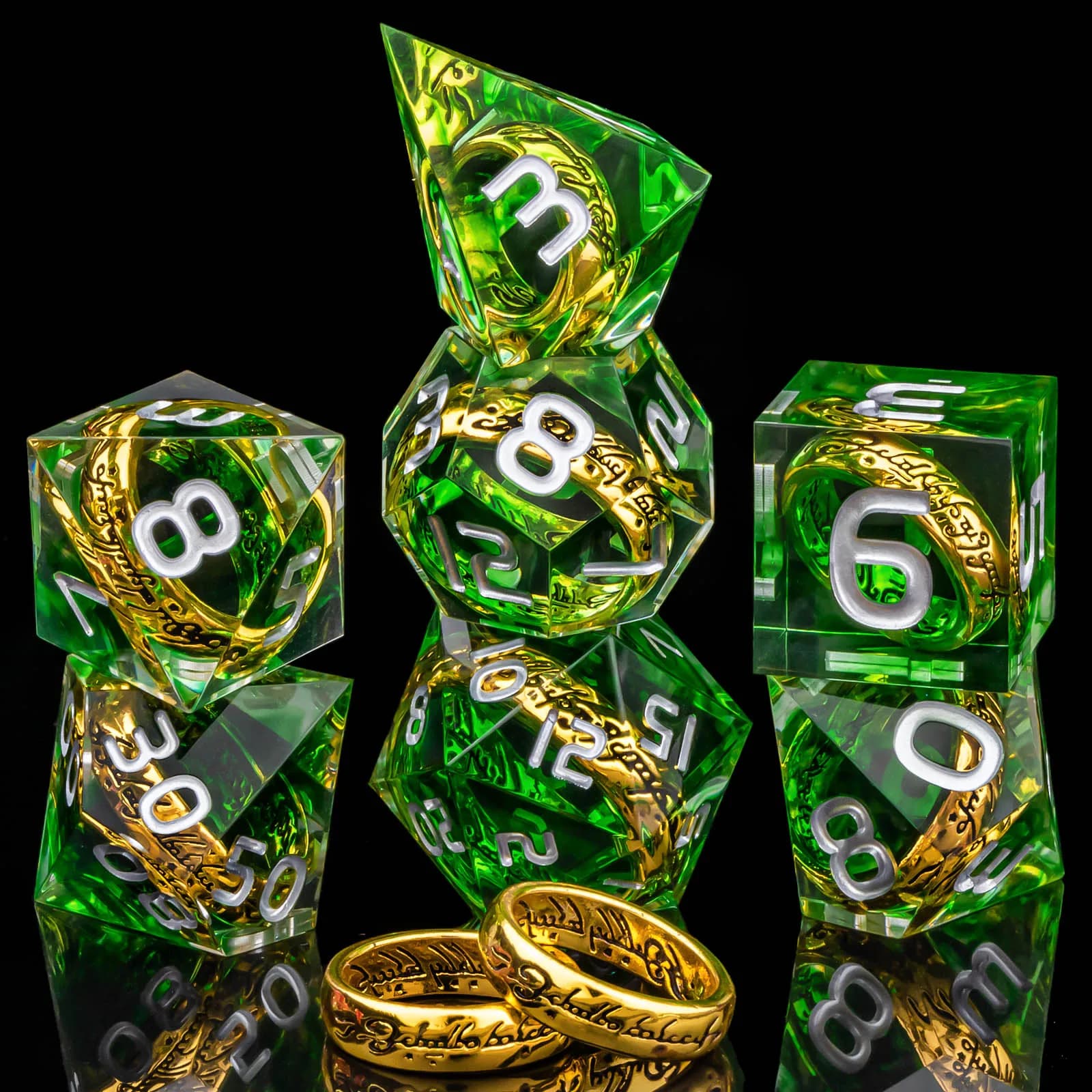 Set di Dadi Magic Lord Rings DND, Set di Dadi LOTR in Resina Verde per Giochi di Ruolo, Set di Dadi a Bordi Affilati per Dungeons and Dragons