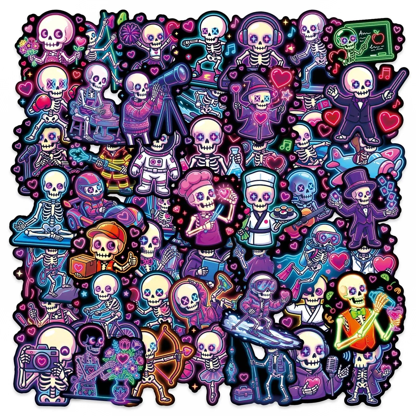 50/100 Pezzi Adesivi Creativi a Forma di Teschio Neon Cartoon, Decorazioni Adesive Viola con Volto di Teschio Strano