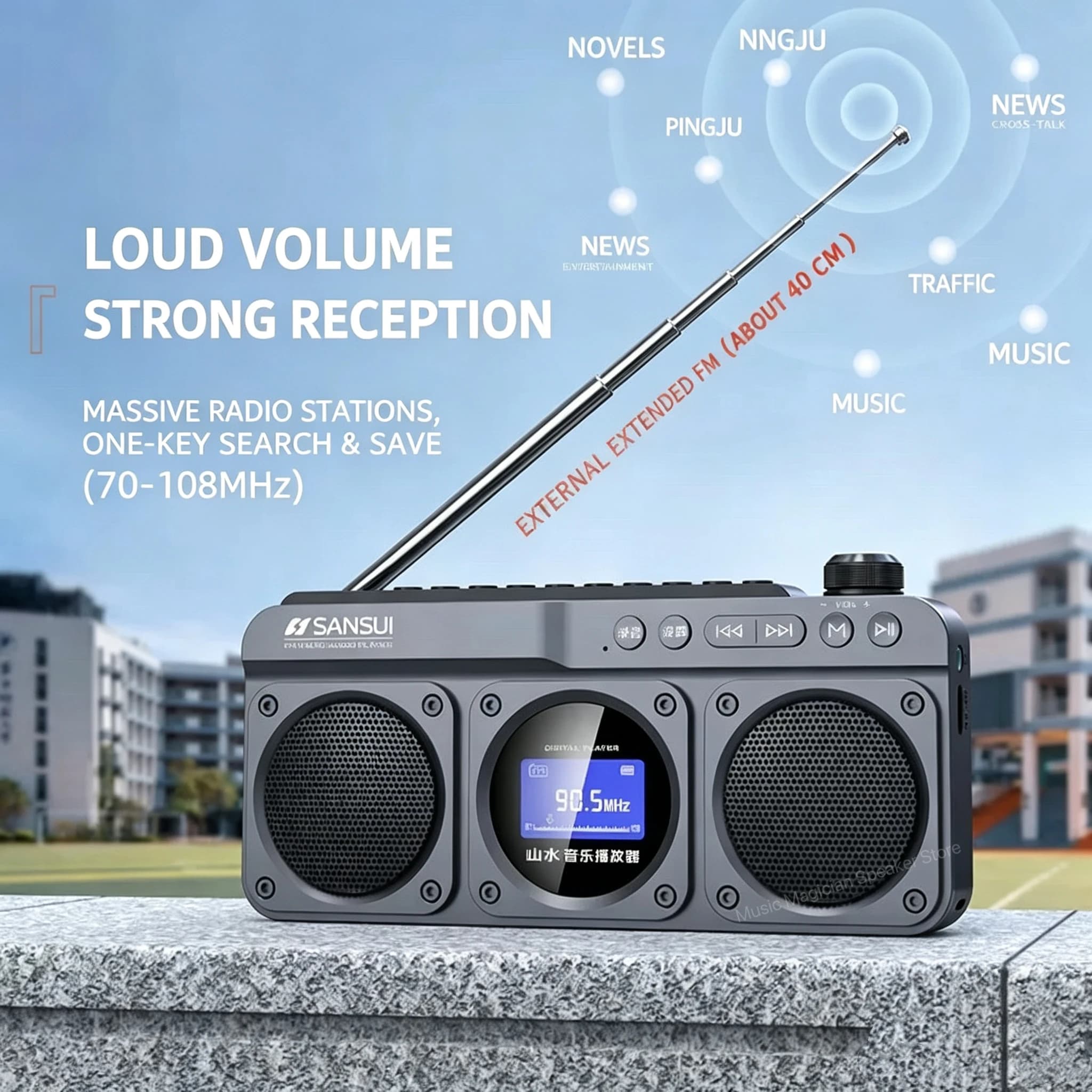 Altoparlante Bluetooth SANSUI F28 con Doppio Speaker, Alta Potenza, Display Luminoso, Portatile, Ricaricabile, Lettore USB con Inserimento Scheda