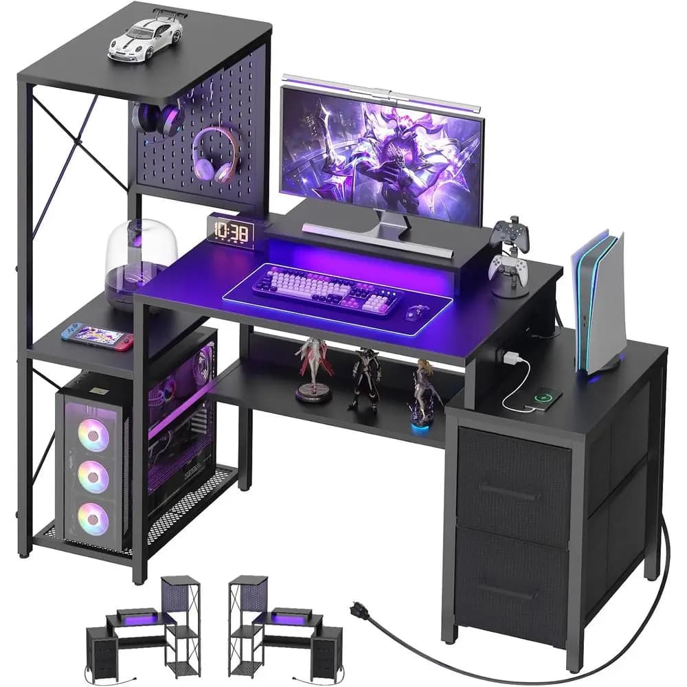 Small Gaming Desk with 2 aric Ders - Reversile Computer Desk with Power Outlet & LED Lights, 49Oice Desk with Monitor Stand & St