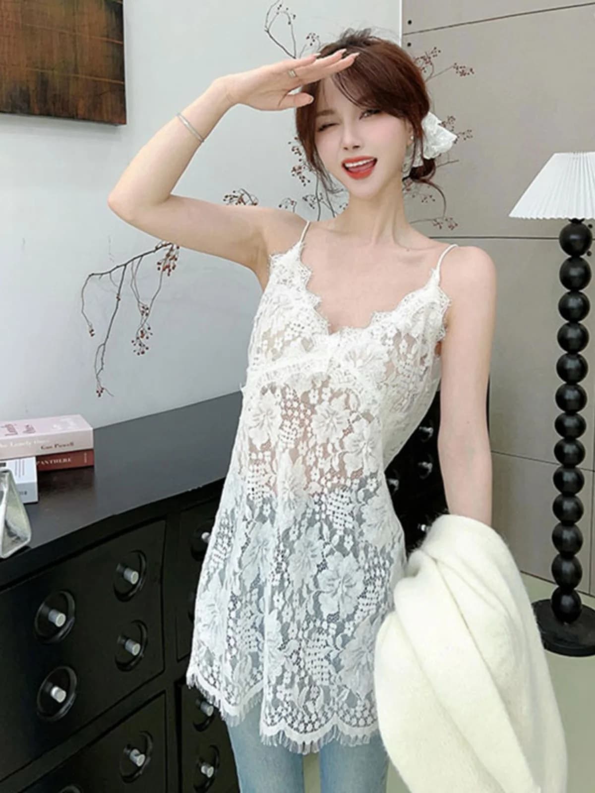 White Lace Hollow out Small Strap Vest Women's Outerwear Sexy V-Neck Loose Base Layer Tank Dress Layering Commute Style