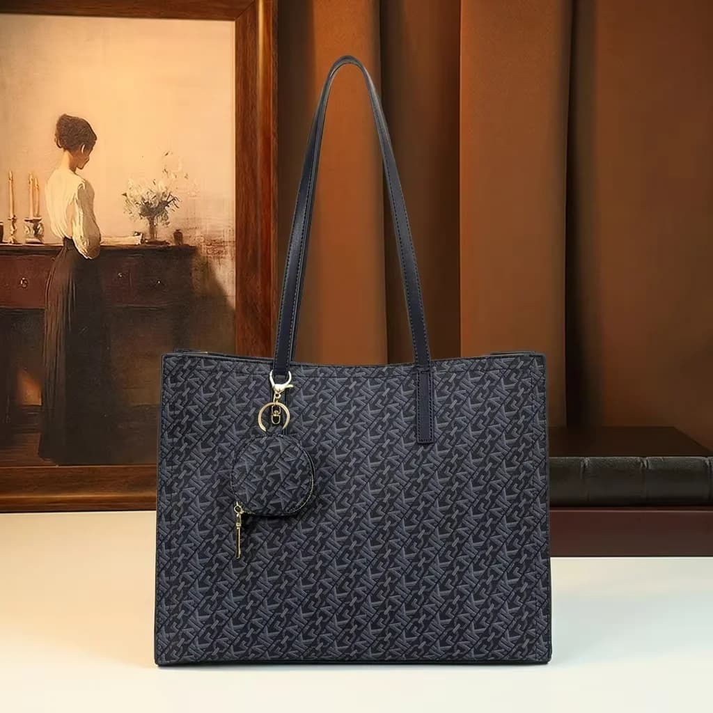 Vintage Monogram Tote Bag with Coin Pouch Large Capacity Retro Navy Blue Women Shoulder Shopper Bag Daily PU Leather Handbag