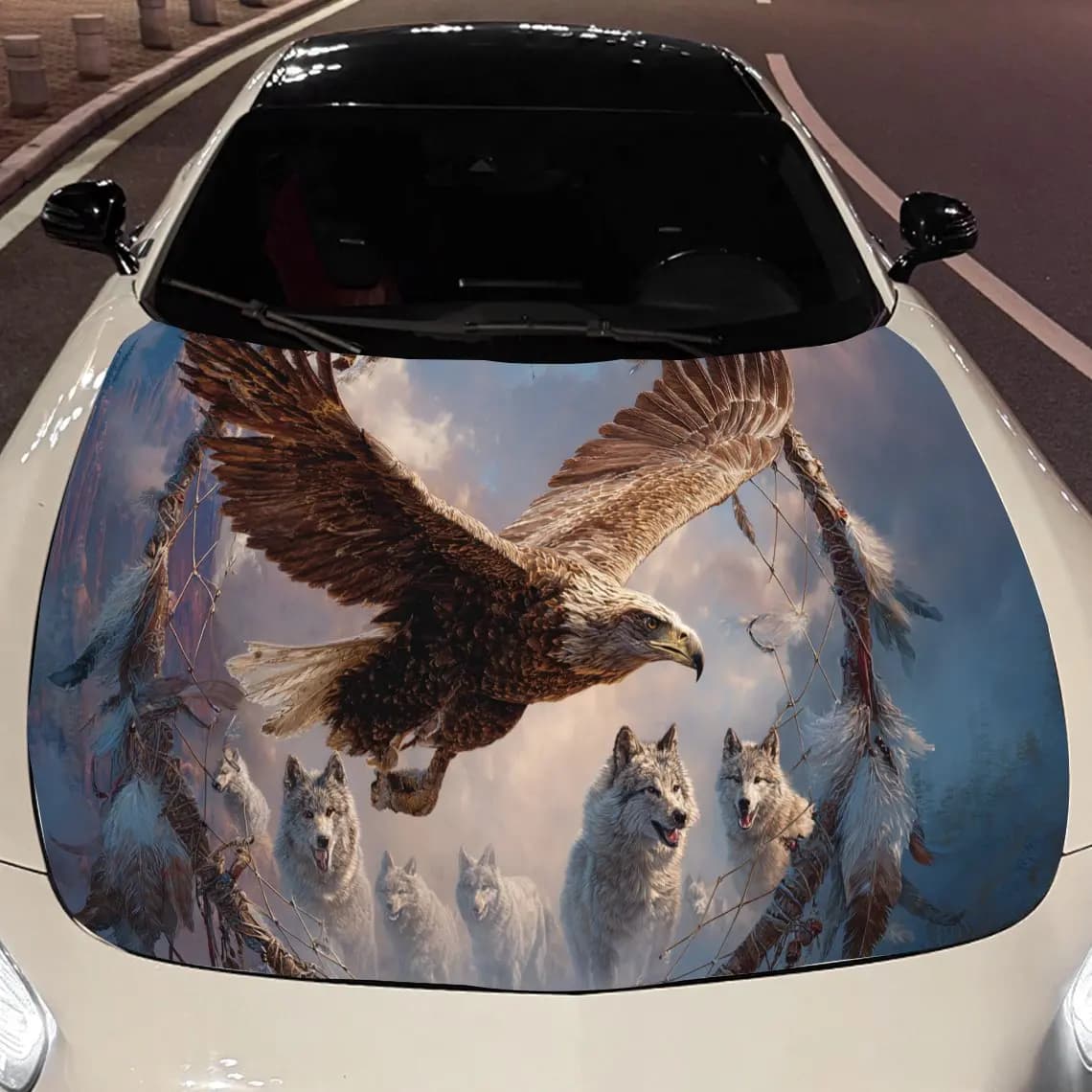 Sacred Eagle, Dreamcatcher and Wolves Car Engine Hood Sticker, Auto Vinyl Wraps, Waterproof Self-adhesive Vehicle Decal, Durable