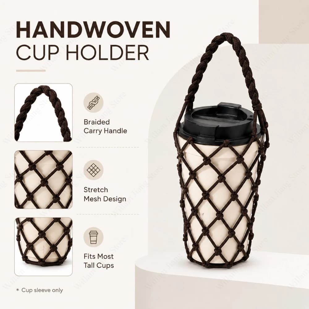 Portable Woven Mesh Water Bottle Holder Handmade Coffee Cup Carry Bag for Travel Picnic Office and Outdoor Activities Daily Use