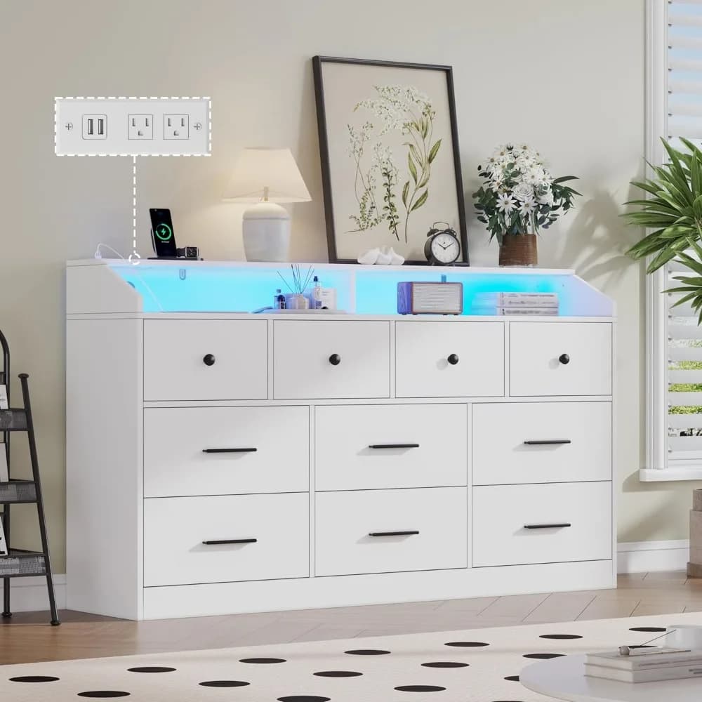 Cassettiera da 55'' a 10 cassetti con stazione di ricarica e illuminazione a LED - Armadio portaoggetti in legno per camera da letto, ingresso, ufficio - S