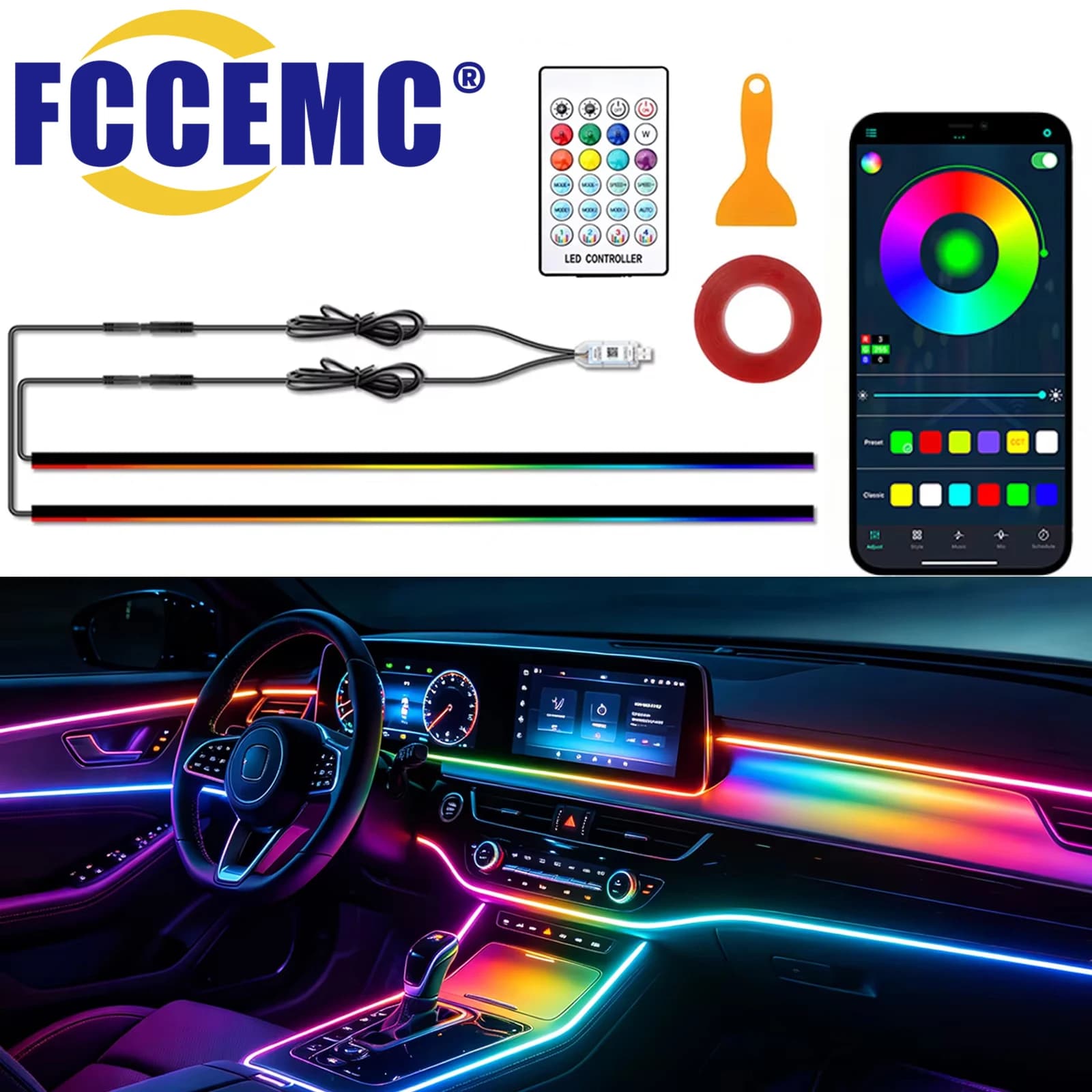 Car LED Ambient Light USB 64 Colors Acrylic Strips 110cm Full Colors RGB Car Interior Hidden App Remote Control Atmosphere Lamp