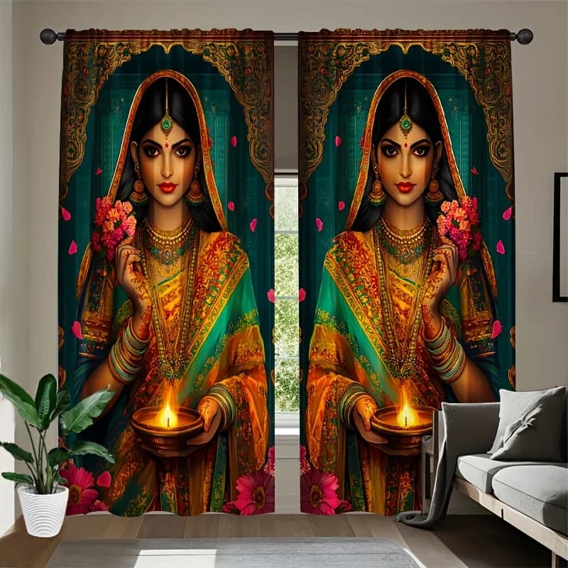 Decorative Indian Goddess Print Curtain Panel Home Living Room Window Drapes Cultural Bollywood Hindu Festival Pooja Temple