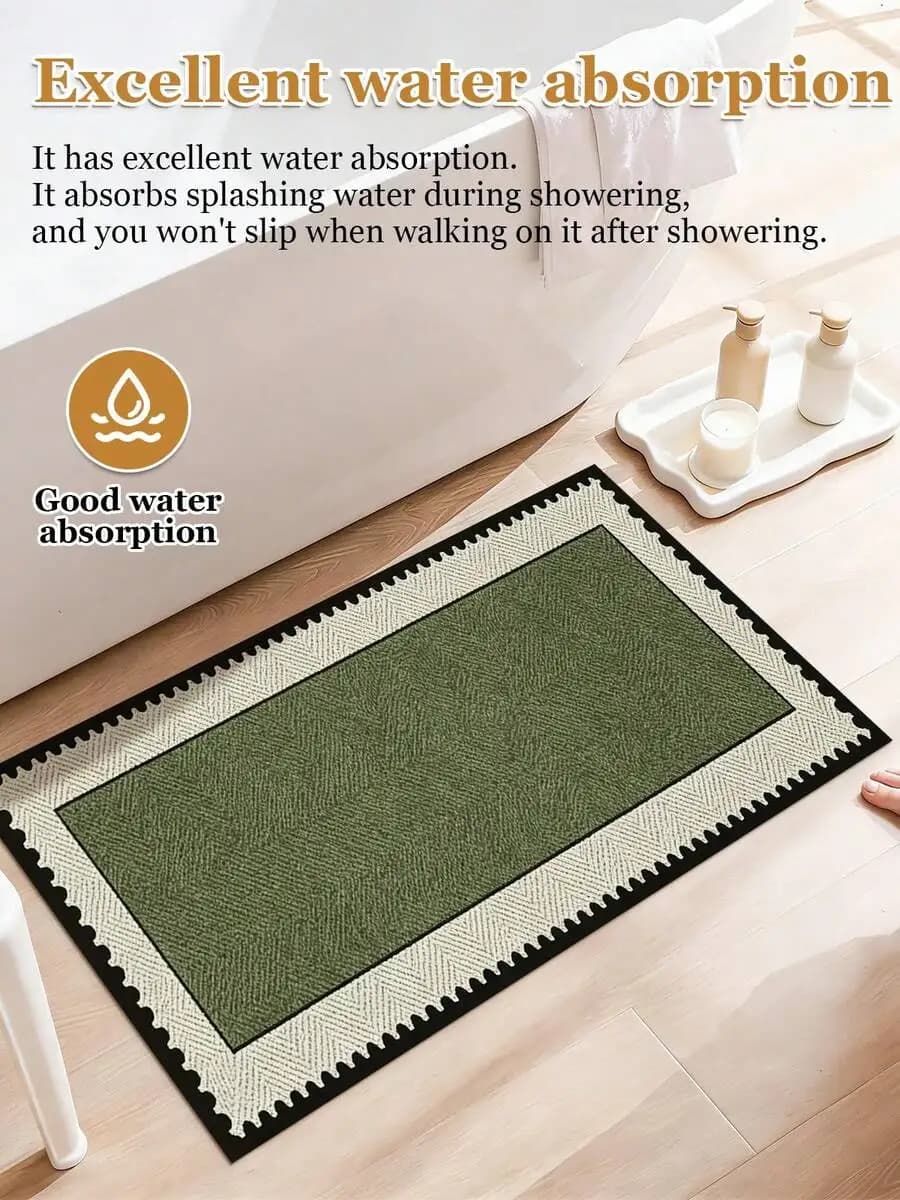 Green Zigzag Fishbone Pattern Non-Slip Bath Mat With Rubber Backing