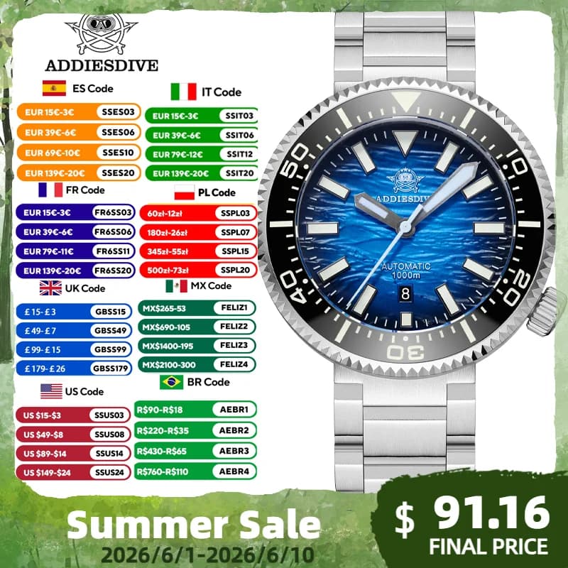 ADDIESDIVE Man's Watch 46mm, Waterproof 1000M, Automatic 8215, Sapphire Glass, Ceramic Iron, Bright BGW9, Bracelet