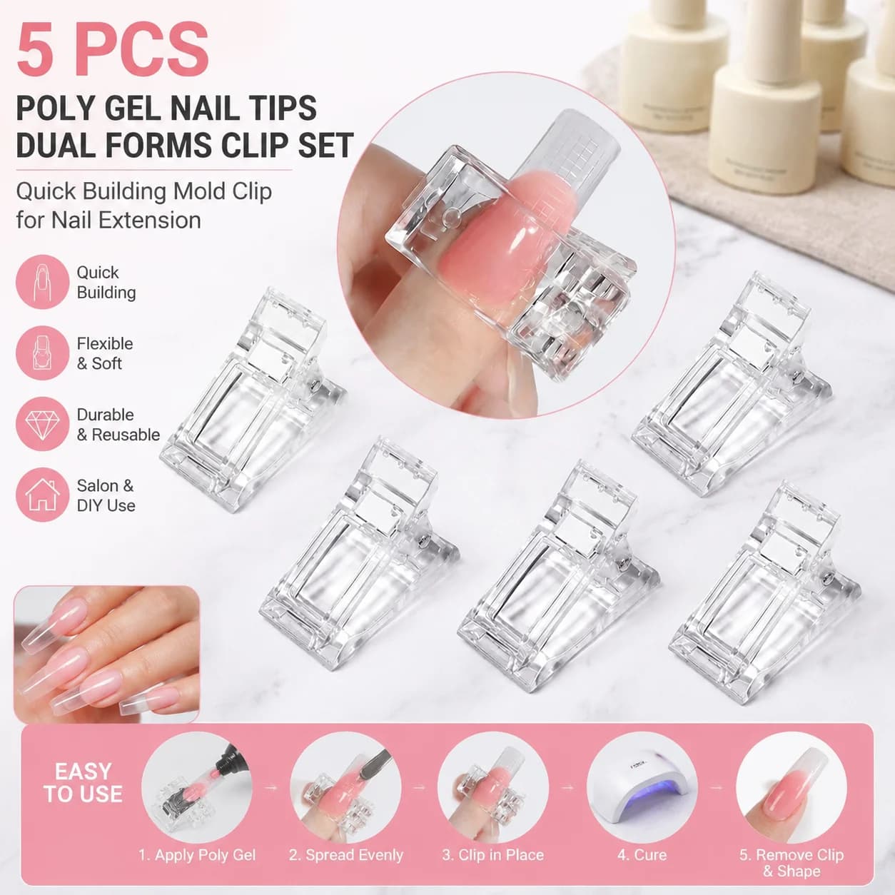 Set di 5 Pz. di Punte Flessibili Morbide in Poly Gel per Unghie, Doppie Forme, Clip per Modellatura Rapida, Kit di Strumenti per Estensione Unghie in Acrilico UV, per Salone Professionale e Design Unghie Fai-da-te a Casa, Accessori
