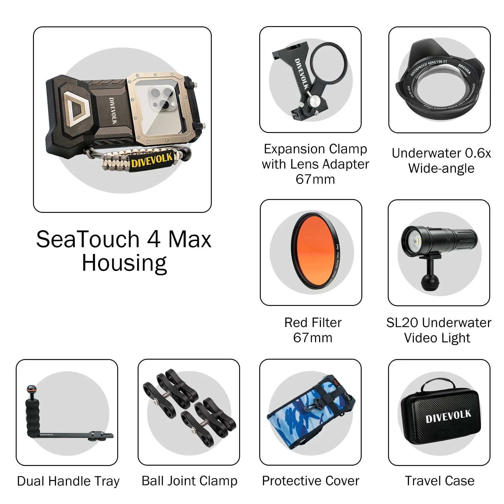 DIVEVOLK Seatouch 4 Max Mobile Diving Box Accessori Anti Perdita Corda Filtro Pellicola Selfie Stick Adattatore per fotocamera