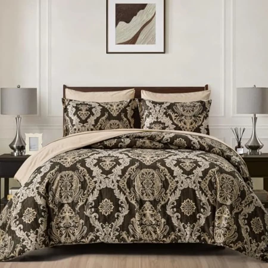 Set Copripiumino 7 Pezzi con Design Damascato, Set Biancheria da Letto Marrone in Microfibra Morbida e Leggera per Tutte le Stagioni