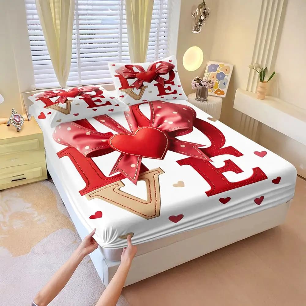 Love Heart Bow Print Fitted Sheet Set Bed Sheet Set 3D Digital Printing Romantic Valentine's Day Bedding Set for Dorm Home Decor