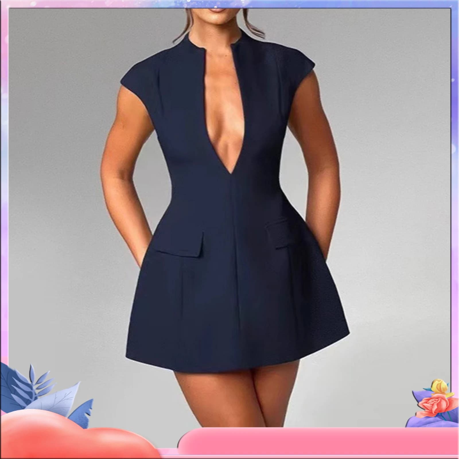 Temperamento Abito senza maniche in tinta unita Moda femminile Sexy scollo a V Gonna a trapezio sottile Primavera ed estate Nuovi vestiti da donna