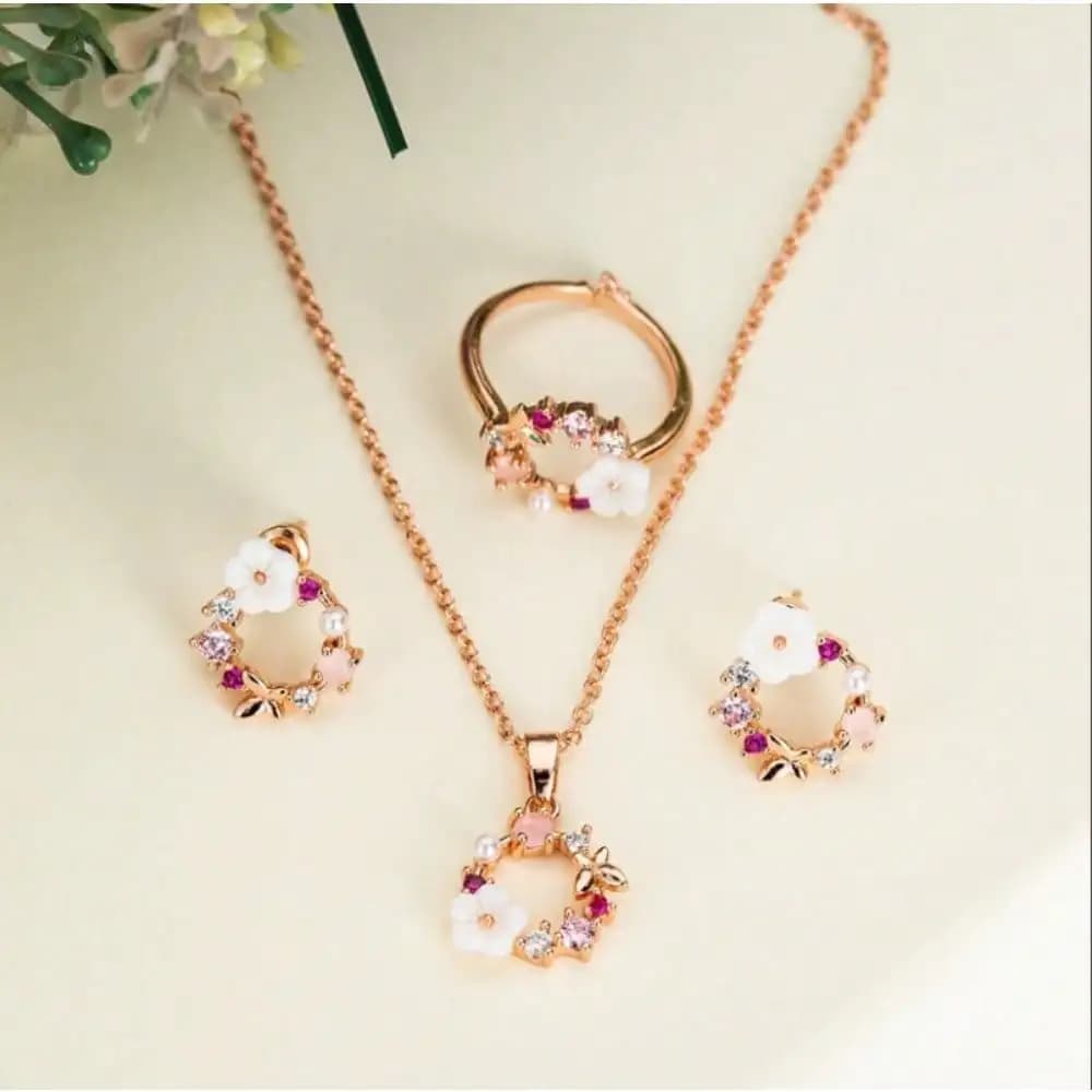Fashionable And Exquisite Golden/Rose Golden Butterfly Flower Jewelry Three-Piece Set, Earrings And Necklace Set, Suitable For Daily Wear Or Gift Giving