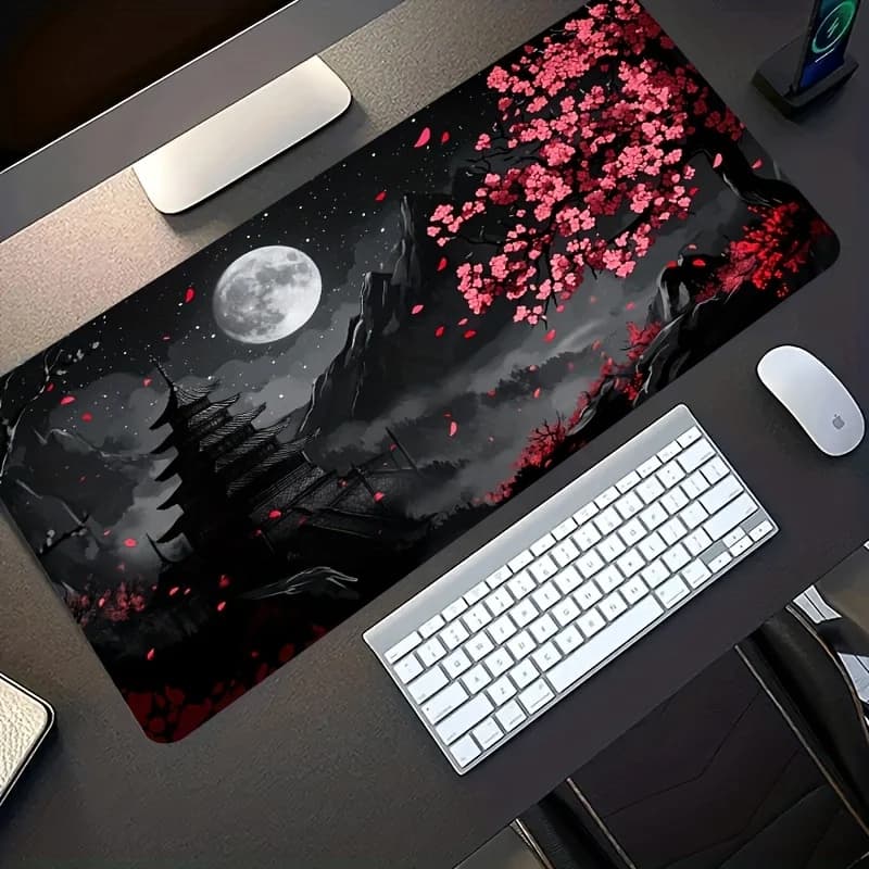 Large Size Gaming Mouse Carpet, with Traditional Chinese Pattern of Red Cherry Flowers and Ancient Architecture