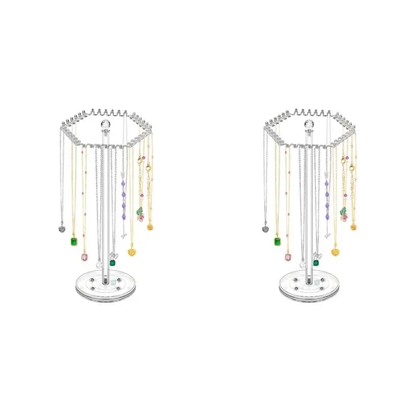 Set of 2 Clear Acrylic Rotating Necklace Organizer Stand with 36 Hooks - Space-Saving Jewelry Display Hanger