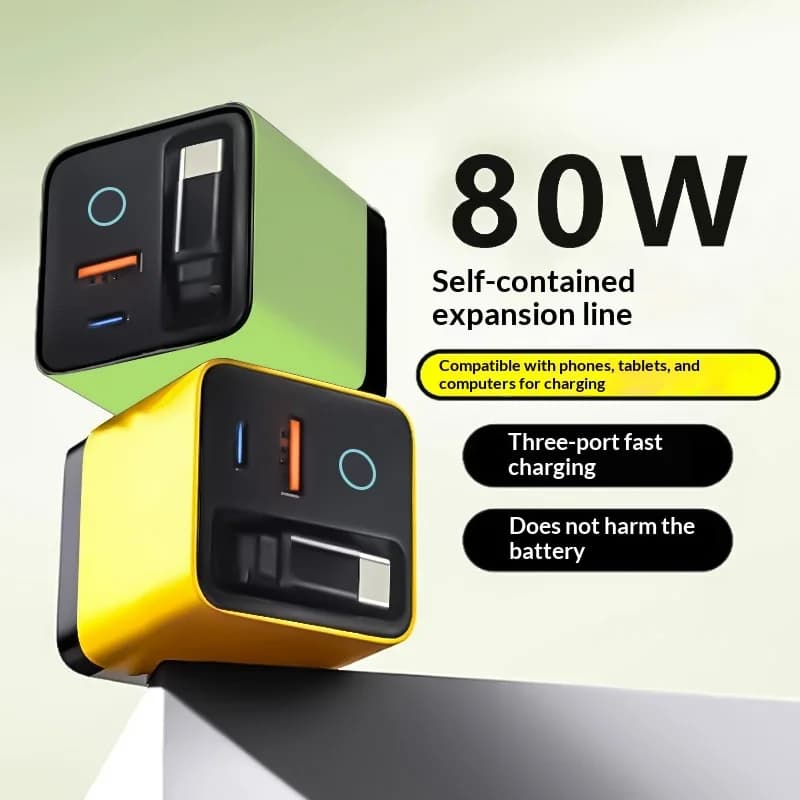 Caricabatterie rapido GaN da 80W con cavo retrattile integrato, doppia porta USB A e Type C, adattatore full protocol per iPhone, Huawei, tablet e laptop
