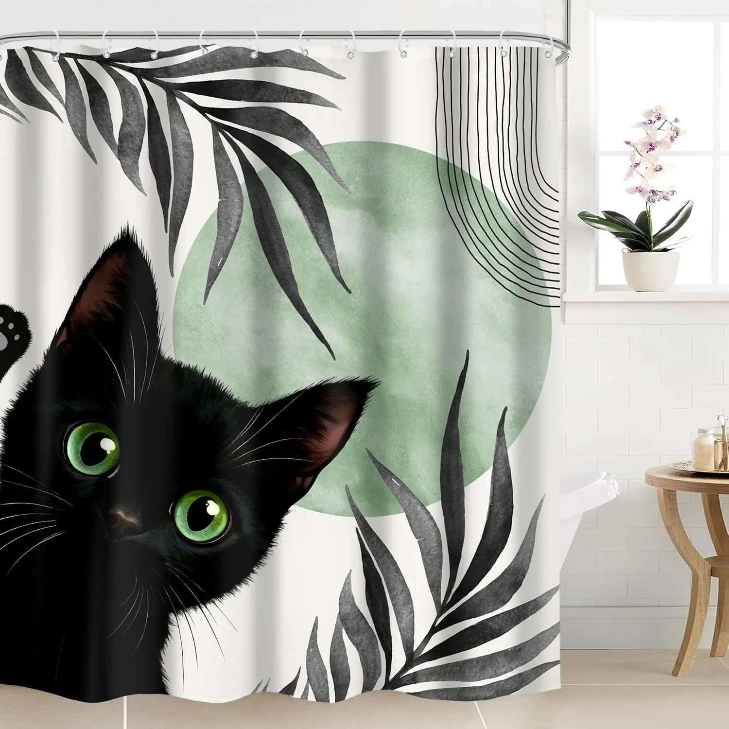 Tenda da doccia con gatto nero e occhi verdi, foglie tropicali e cerchi astratti, stampa artistica moderna per il bagno