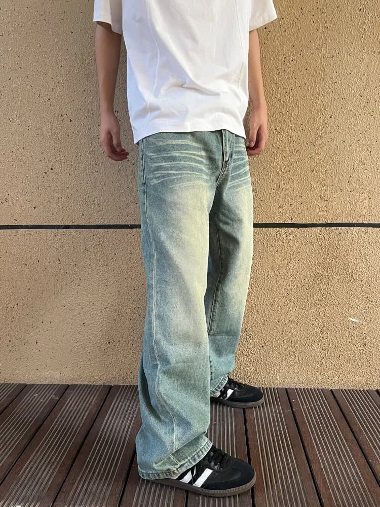 American High Street Vibe Men's Loose Straight Leg Blue Jeans Casual Comfortable Vintage Washed Denim Trousers for Teens And ...