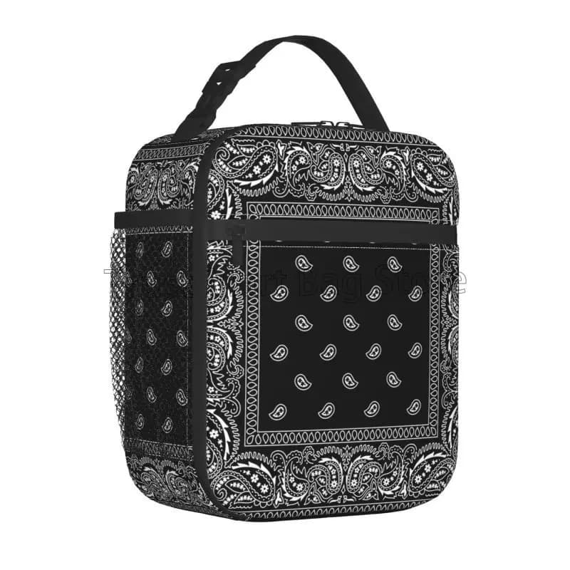 Sciarpa con bordo bandana nera paisley colorata Borsa per il pranzo isolata bianca Scatola per il pranzo termica riutilizzabile portatile per viaggi picnic