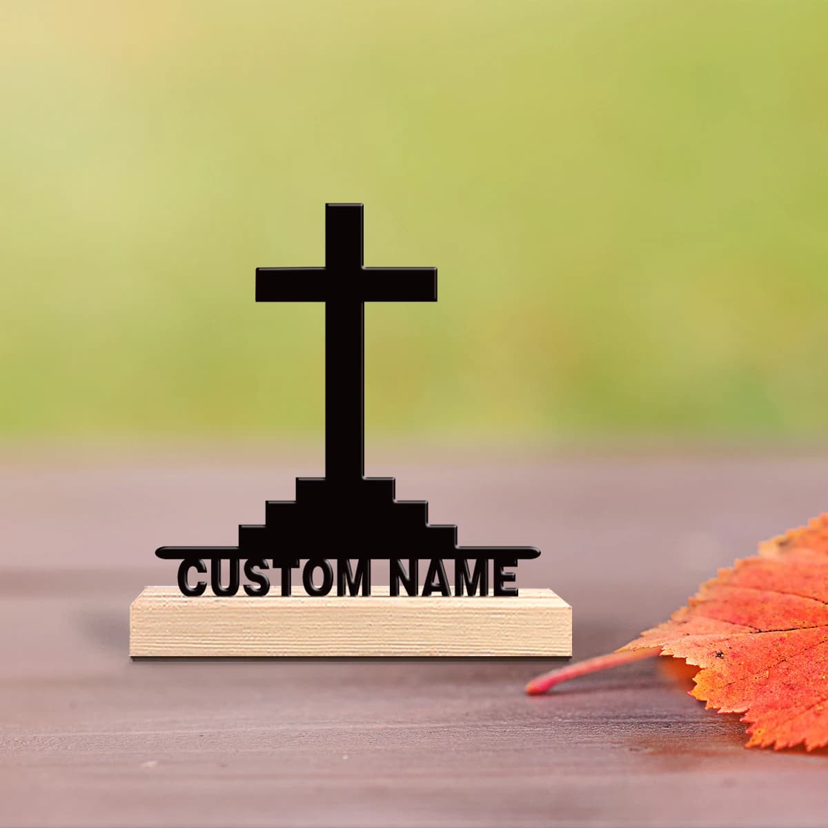 Custom Metal Statue with Cross and Tombs, Table Decoration with Wood Base, Desk Art Inspired by Nature