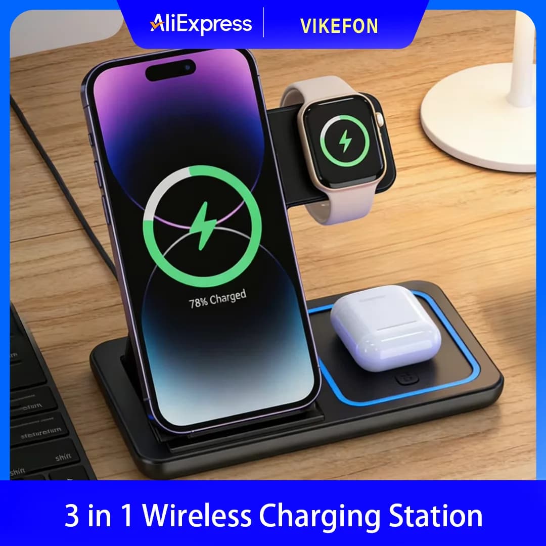 Foldable 3 in 1 wireless charging station for iPhone 17 16 15 14 13 12 Pro Max, iWatch 11, Airpods Pro 4/3 - Quick Charger Support