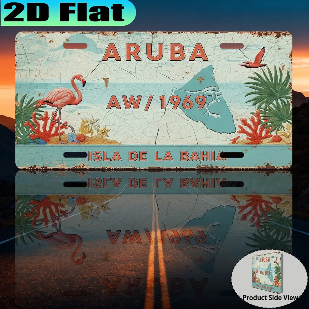 Targa in Metallo Stile Targa Automobilistica con Stampa 2D Aruba Isla De La Bahia AW/1969, Decorazione in Alluminio a Tema Fenicottero Tropicale