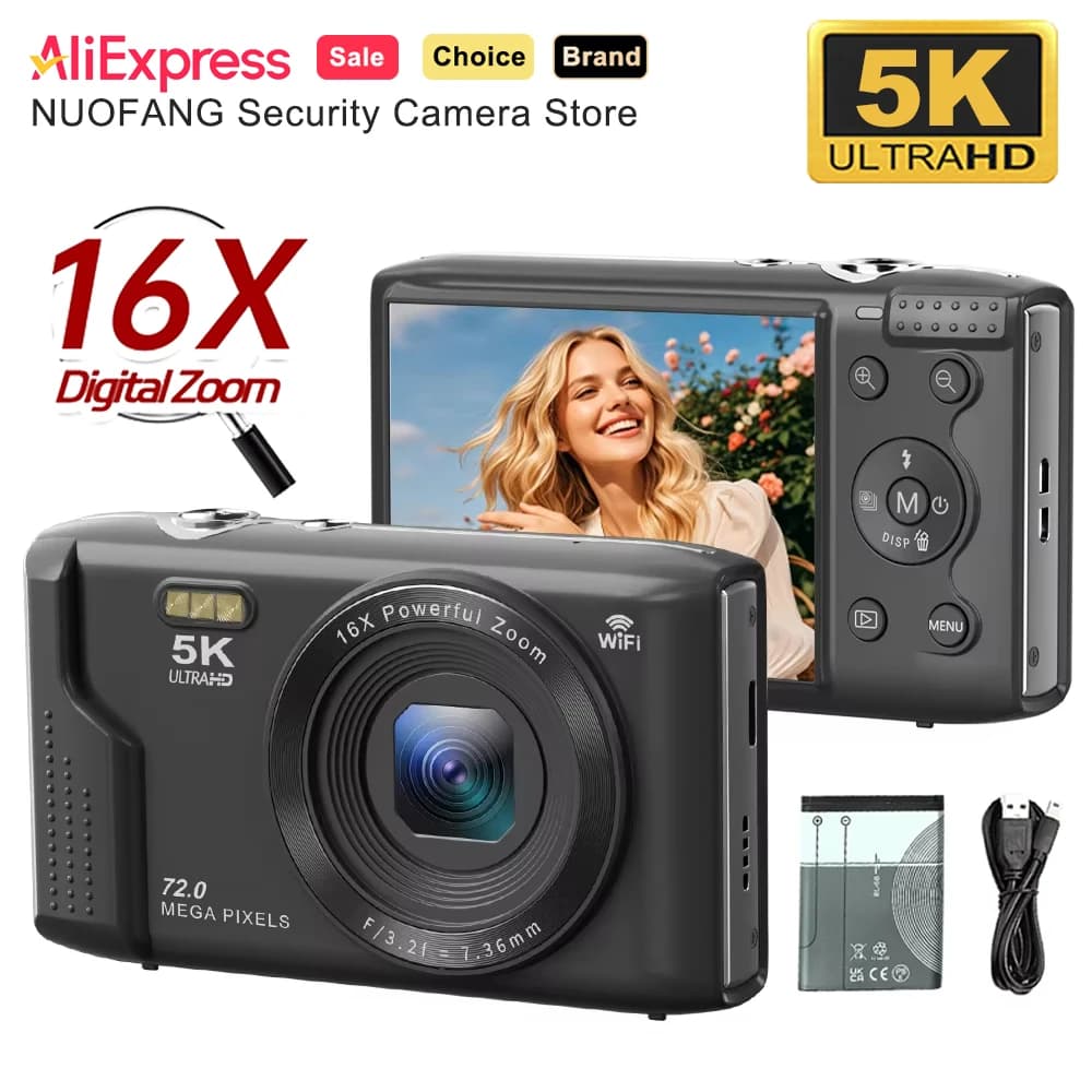 Fotocamera Digitale Stile Vintage 72MP 5K con Schermo LCD 2.8'' e Zoom 16X per Fotografia, YouTube, Vlog e Registrazione Video