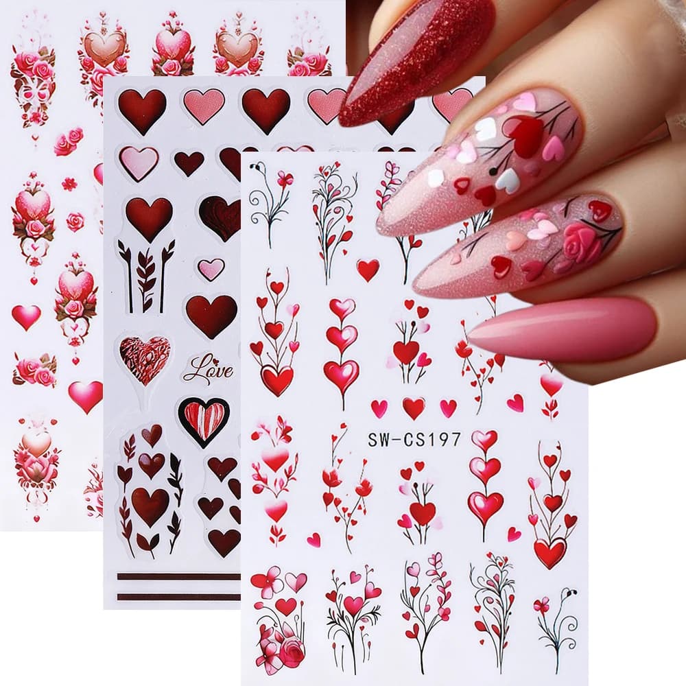 1/3pcs Love Heart Balloon Flower Nail Stickers Self Adhesive Sweet Love Pattern Decal for Valentine's Day Wedding Nail Art Decor