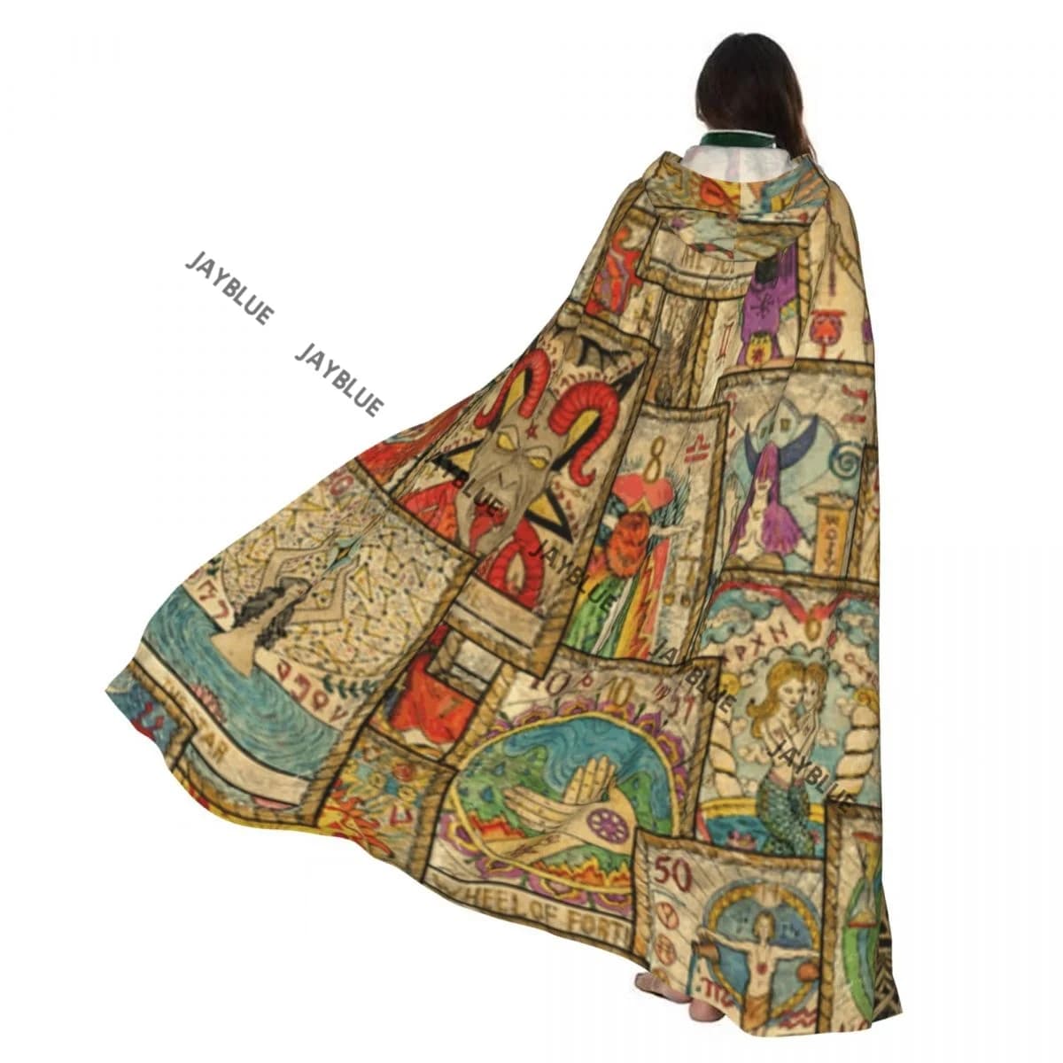 Carte dei tarocchi vecchie per adulti unisex Divinazione esoterica occulta e mantello Wicca con cappuccio Costume da strega lungo Cosplay