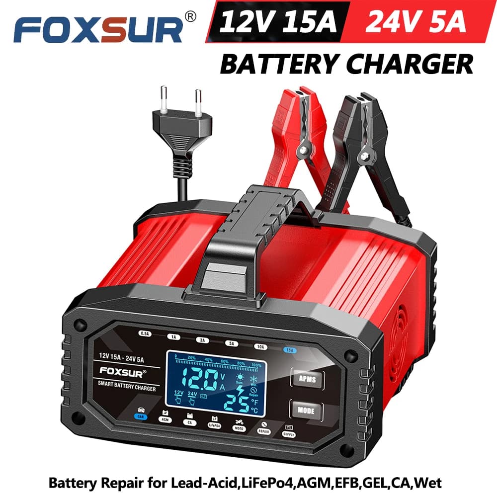 FOXSUR FAC-150 12V 15A 24V 5A EU Plug Smart Car Charger Motorcycle Pulse Repair Battery AGM LiFePO4 Lead Batteries