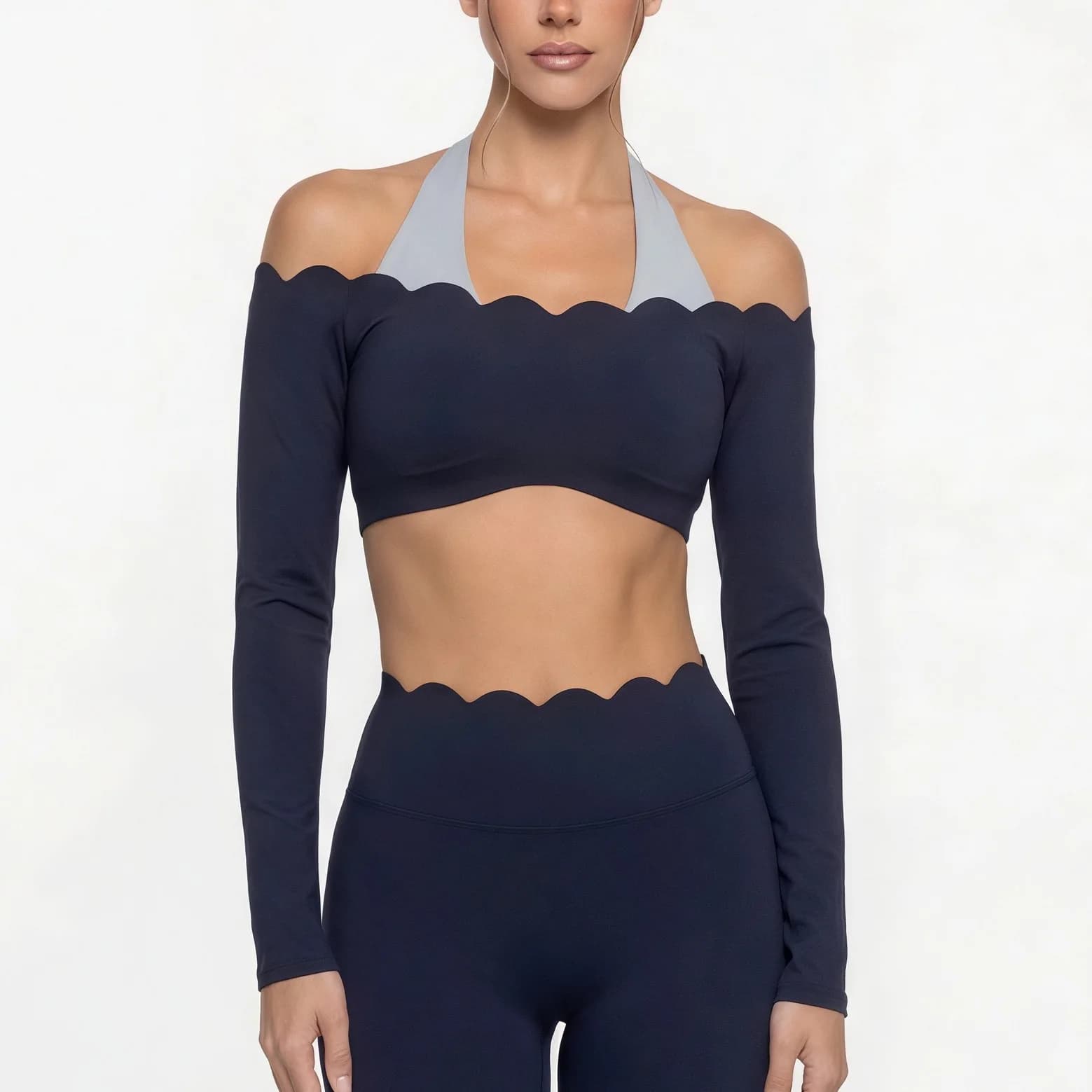 Long-sleeved yoga top with lace edge two pieces sporty clothing breathable fitness pilates leggings for women