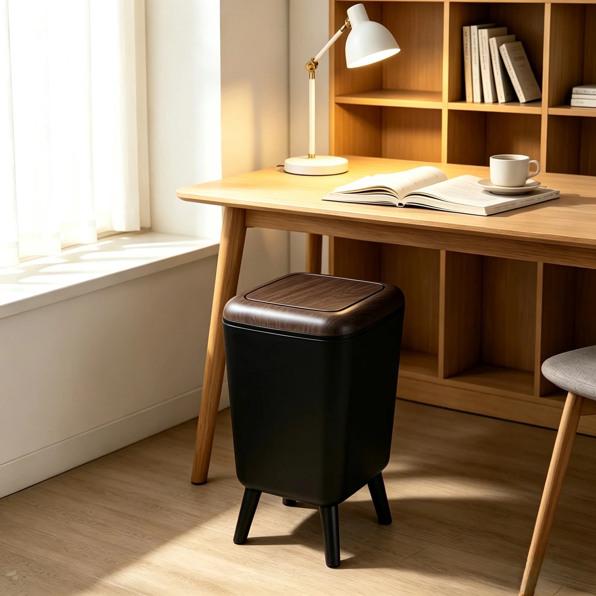 Mid‑Century Press‑Lid Square Trash Bin with 4‑Leg Base, Wood‑Grain Top Lidded Waste Container, Decorative Floor Waste Bin for Bathroom Living Room Home Decor