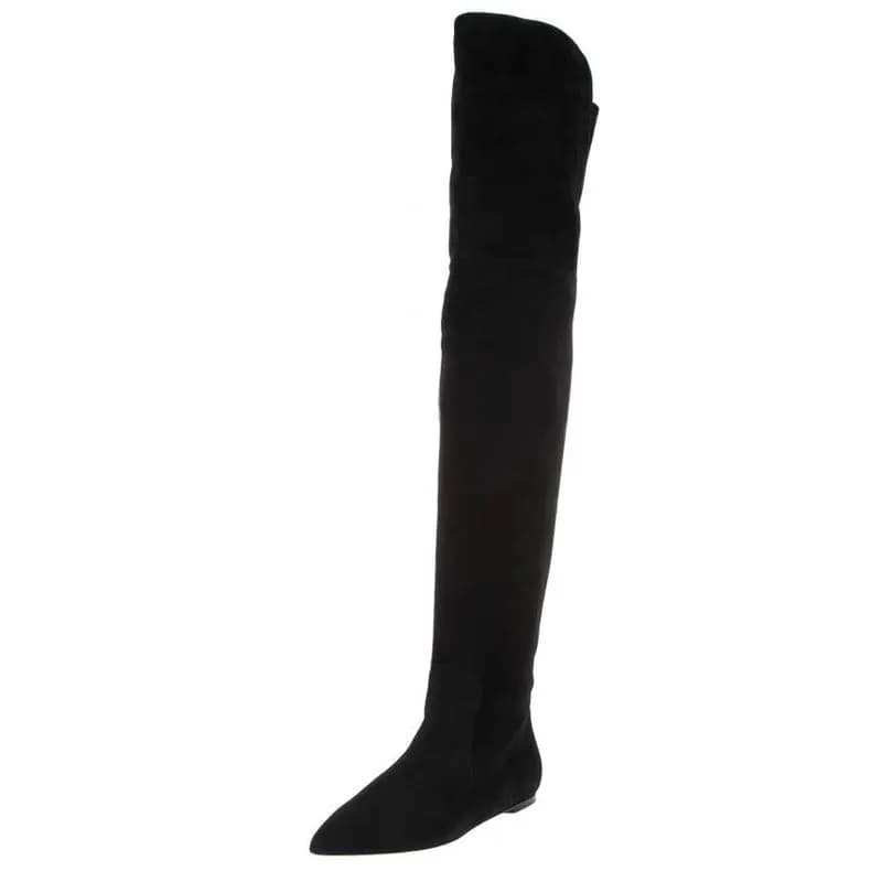 Stivali piatti sopra il ginocchio in pelle scamosciata nera Taglie forti 43 Stivali alti attillati in tessuto elasticizzato con punta a punta personalizzati