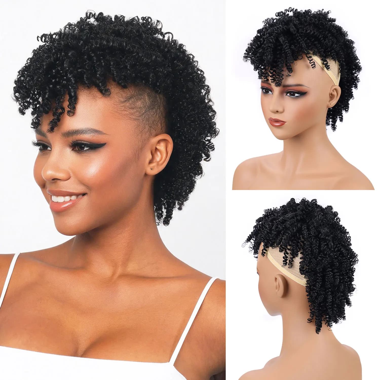 Mohawk Wig Kinky Curly Ponytail with Bangs,Short Curly Synthetic Clip on Mohawk Ponytail Extension Hair Pieces for Women Ladies