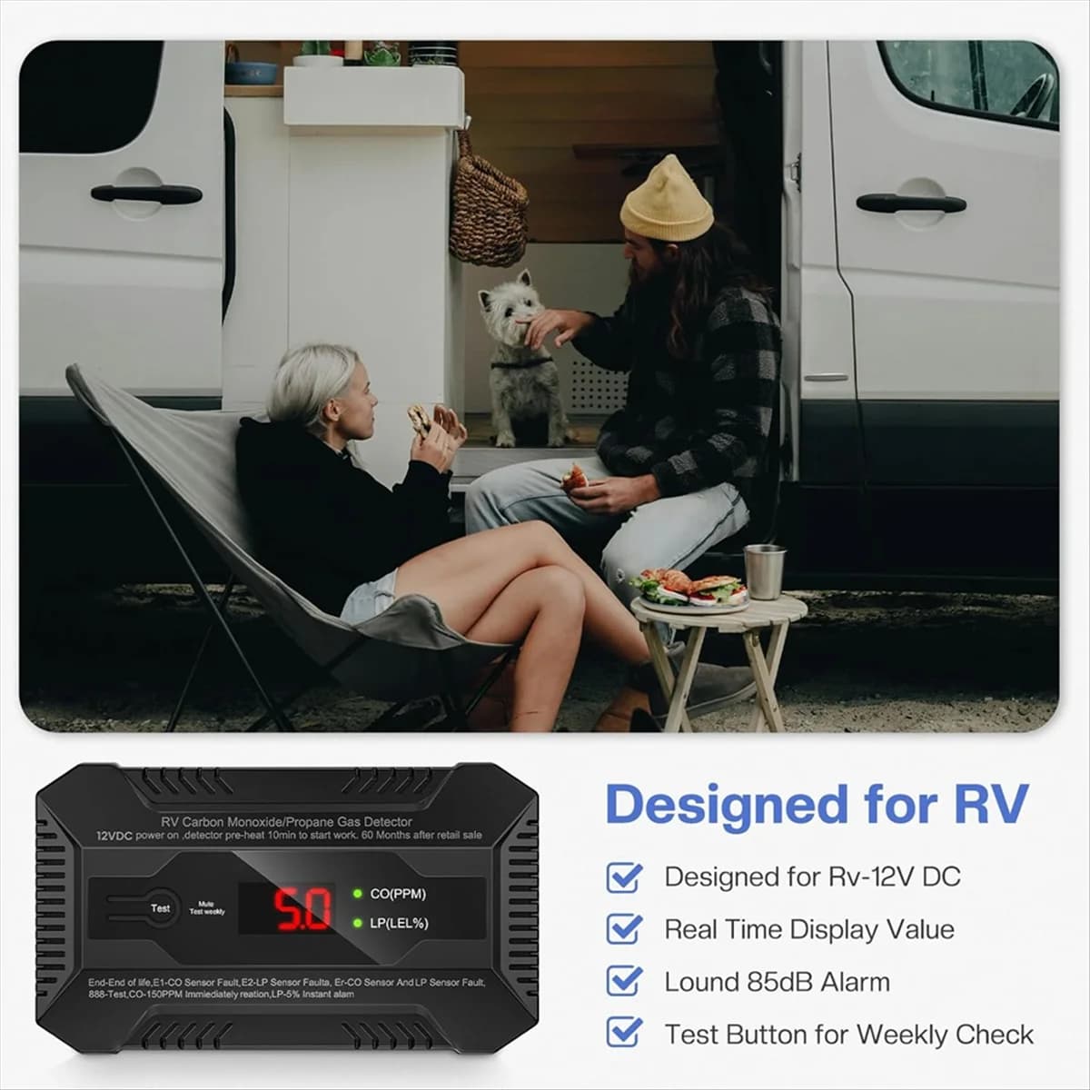 AA98 Rilevatore di monossido di carbonio e gas propano per camper, doppio allarme gas LP/CO con indicatori luminosi LCD separati, allarme forte da 85 dB