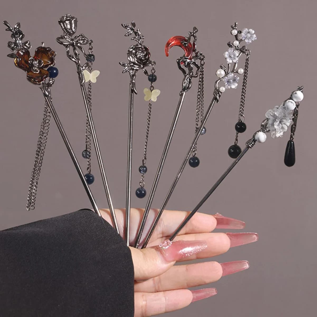 Fermaglio per capelli in metallo stile cinese vintage, raffinato, con fiore gotico e nappa, per donne e ragazze, accessorio quotidiano per capelli, clip per capelli
