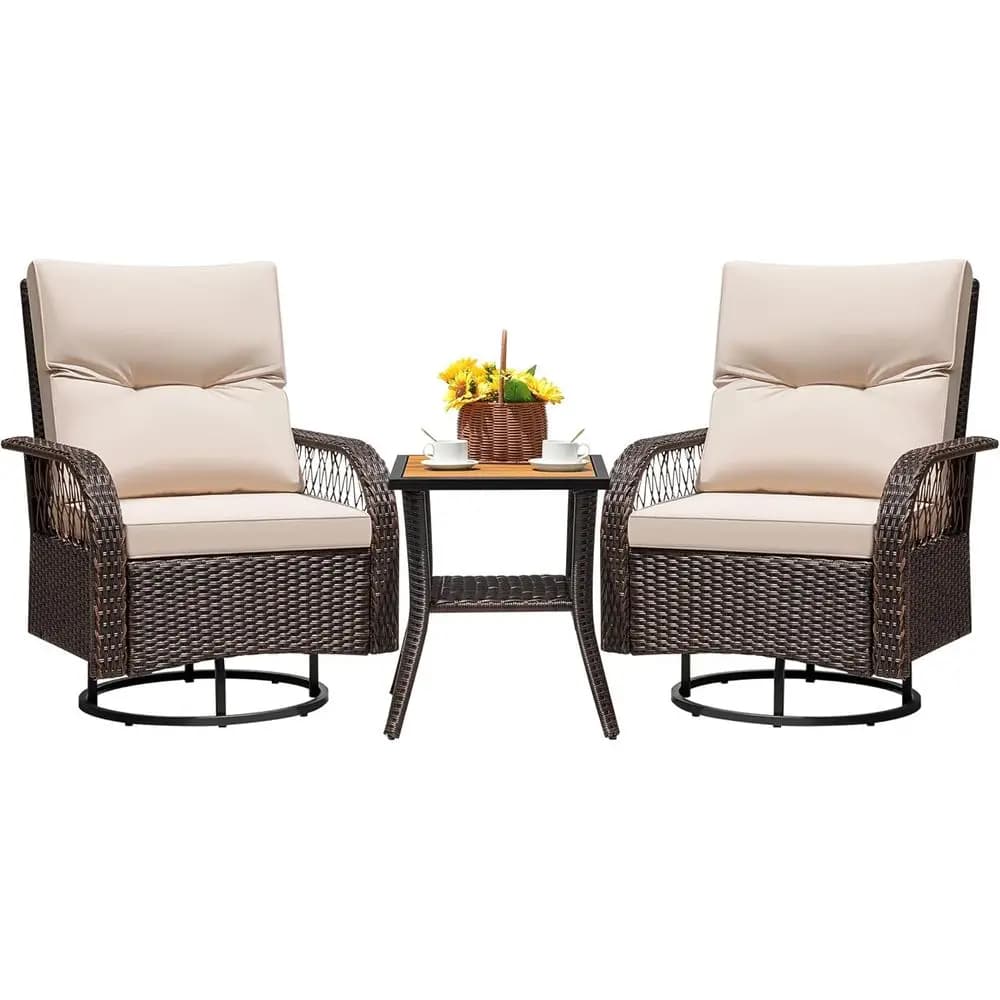 Set of 3 Pieces in Vimini Brown/Beige Luxury for Foreigners with Swivel Chairs, Side Tables and Pillows
