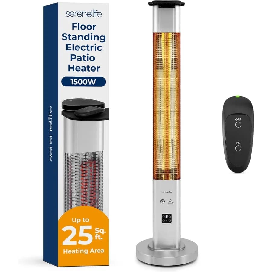 Riscaldatore elettrico da esterno - Riscaldatore da terra con telecomando per riscaldamento a infrarossi ad alta efficienza da 1500 W con riflettore in alluminio W